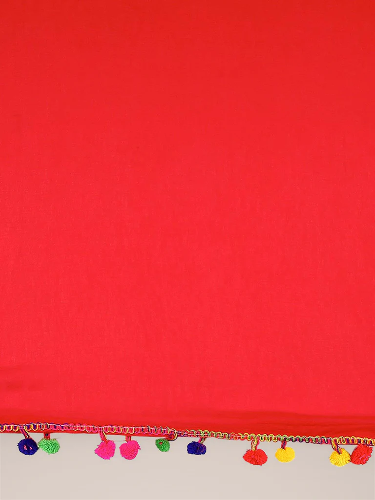 Red Chiffon Dupatta with Multicolored Pompom Balls - Image 6