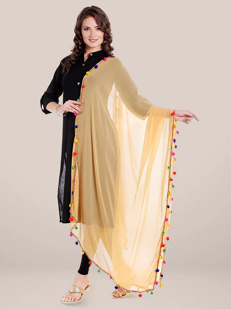 Chiffon Dupatta with Multicolored Pompom Balls - Image 5