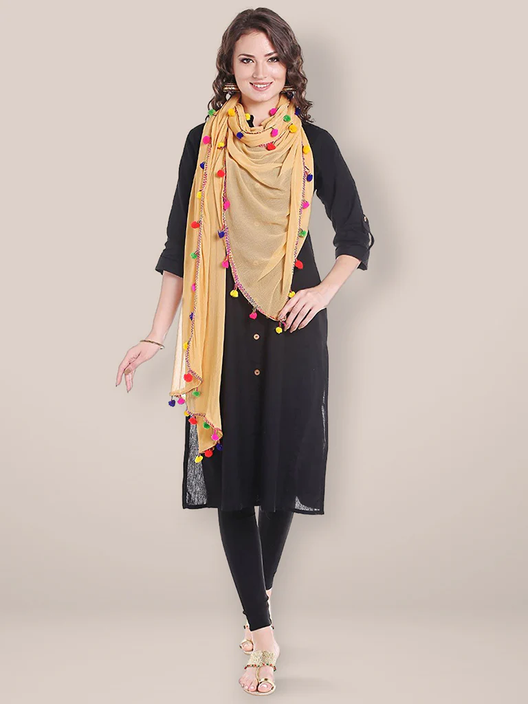 Chiffon Dupatta with Multicolored Pompom Balls - Image 2