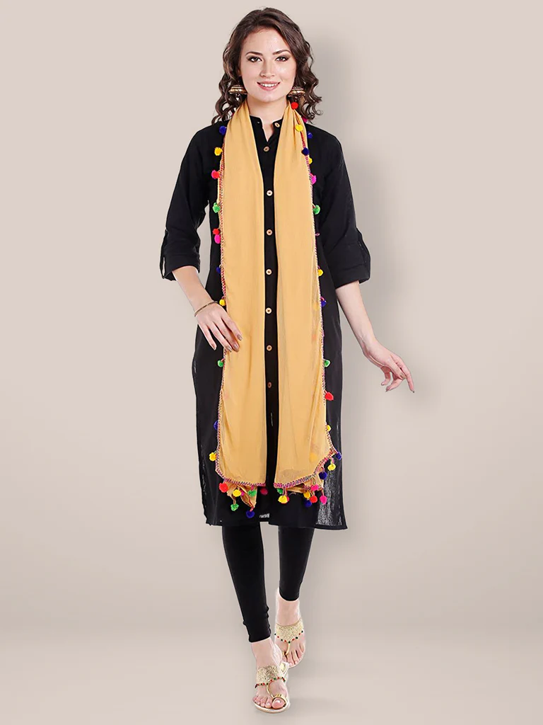 Chiffon Dupatta with Multicolored Pompom Balls - Image 3