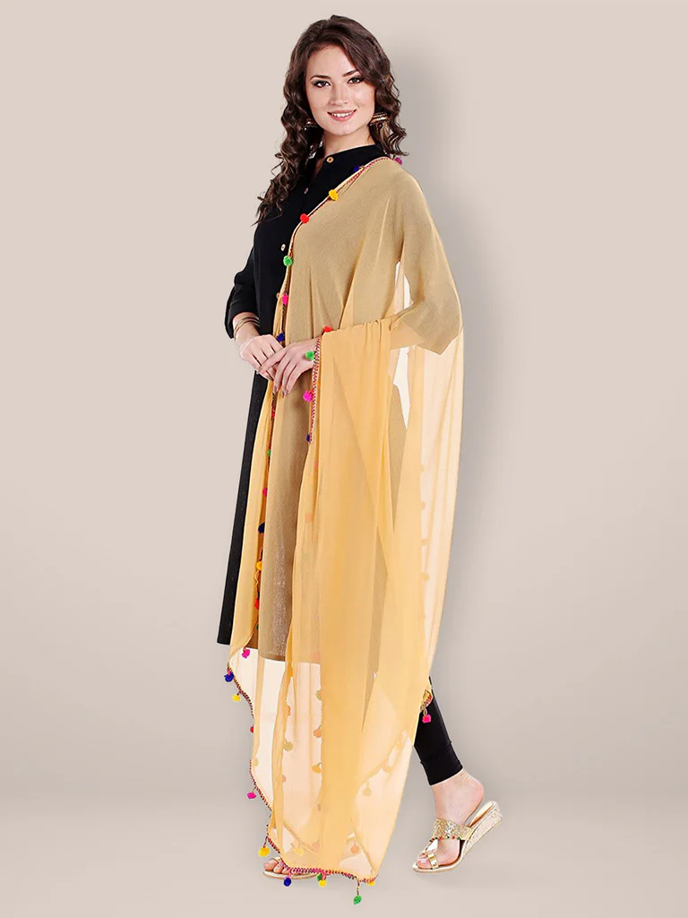 Chiffon Dupatta with Multicolored Pompom Balls - Image 4