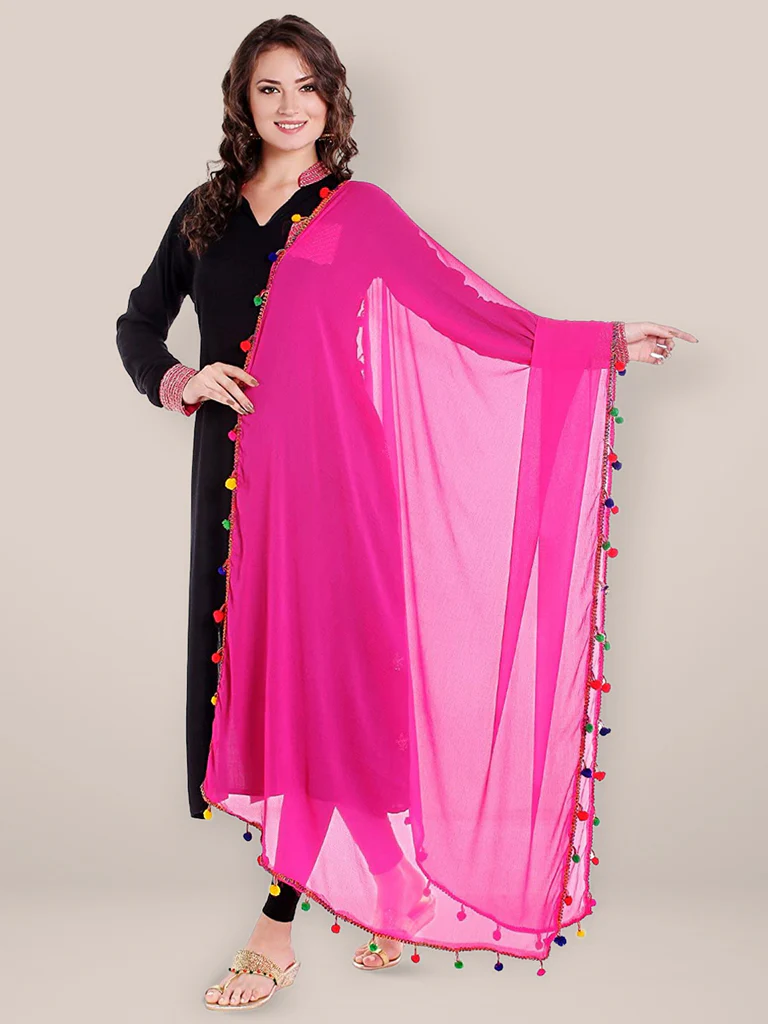 Rani Pink Chiffon Dupatta with Multicolored Pompom Balls - Image 3