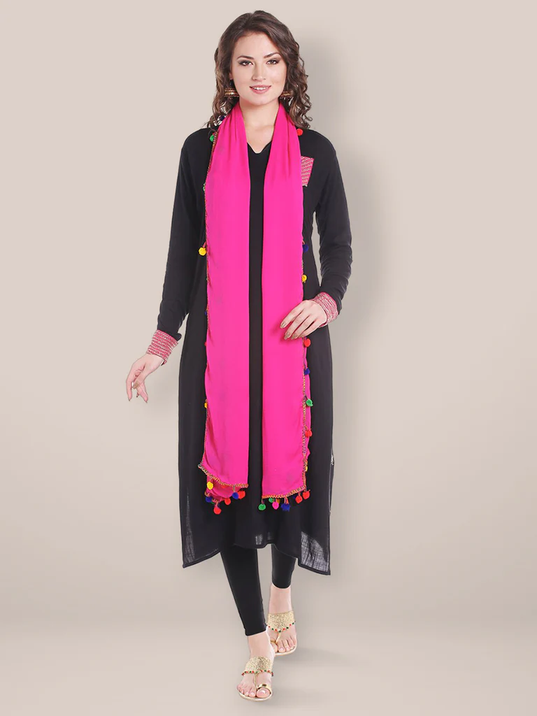 Rani Pink Chiffon Dupatta with Multicolored Pompom Balls - Image 4
