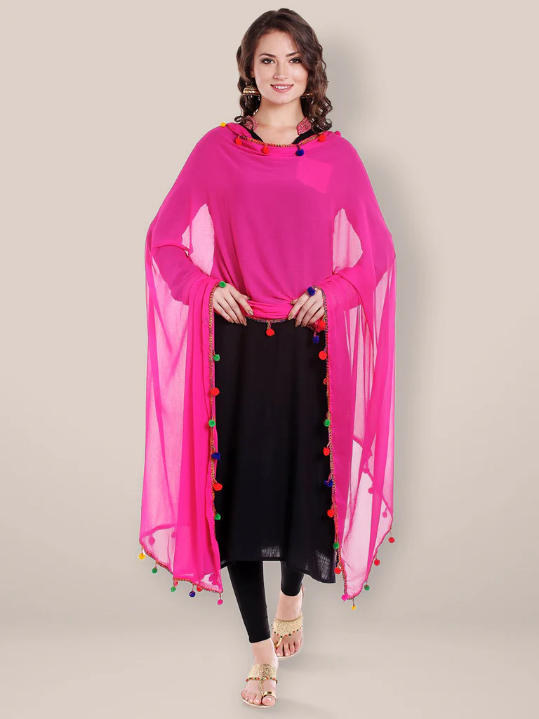 Rani Pink Chiffon Dupatta with Multicolored Pompom Balls - Image 5