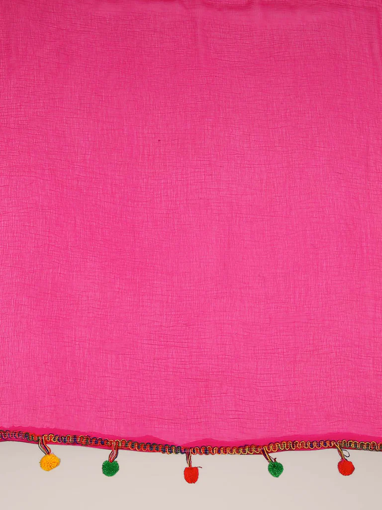 Rani Pink Chiffon Dupatta with Multicolored Pompom Balls - Image 6