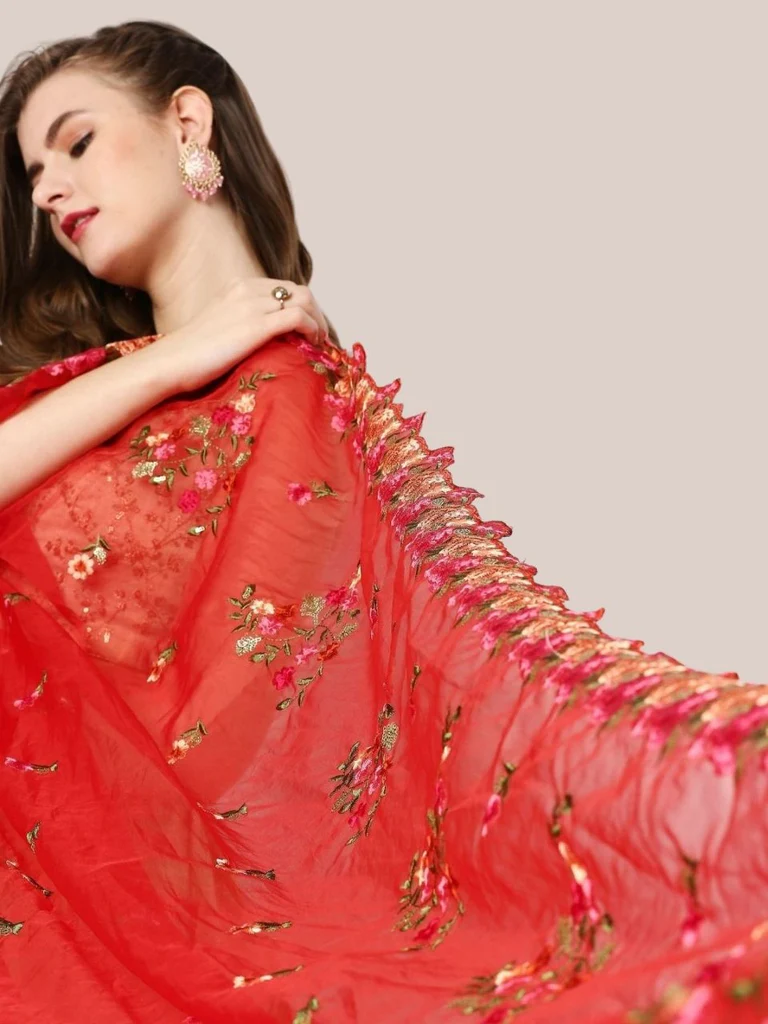 Organza Dupatta with Multicolor Floral Embroidery - Image 5