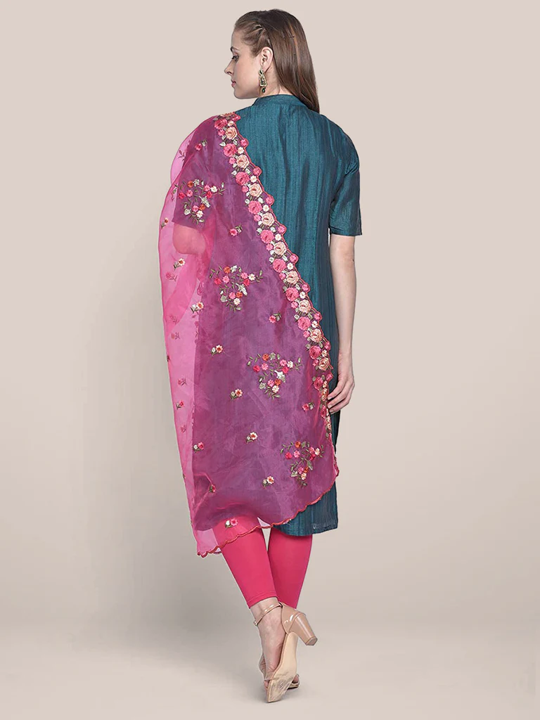 Organza Dupatta with Multicolor Floral Embroidery - Image 3